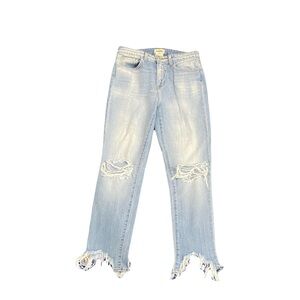 L'AGENCE Light Blue Mid Rise Raw Hem Distressed Ankle Jeans